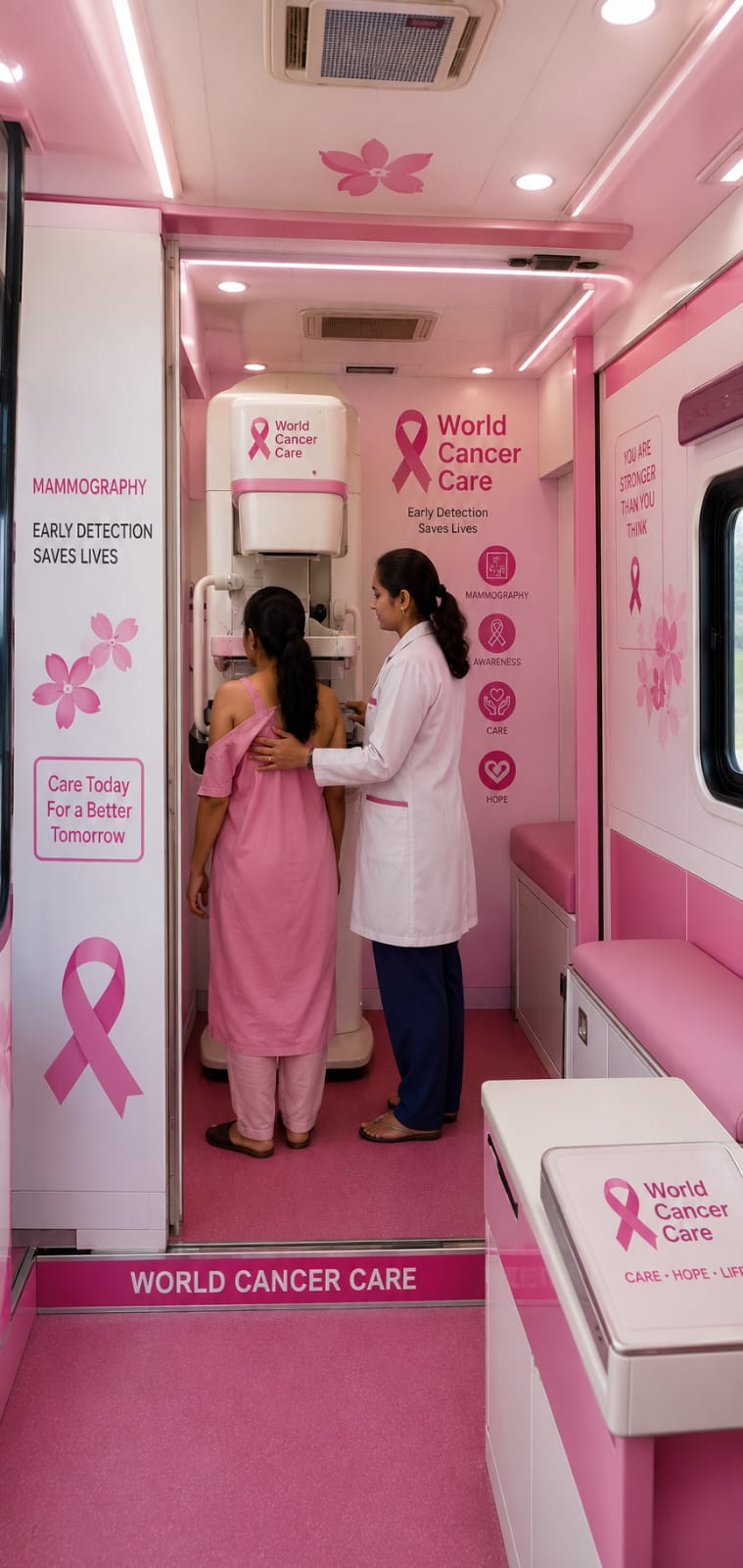 Mammography screening inside a World Cancer Care mobile unit